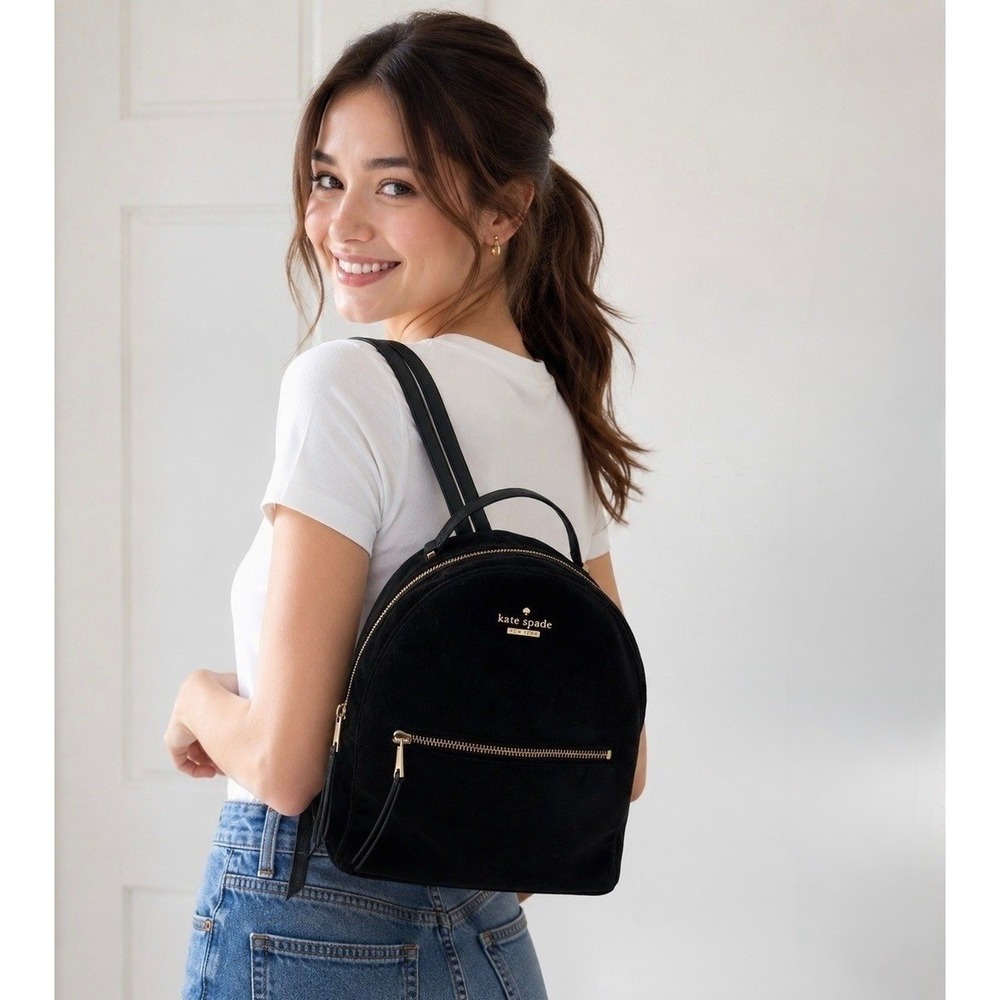 Kate Spade Velvet Sammi Backpack Womens Small Black Excellent Gold Hardware